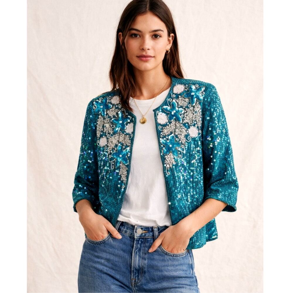 Vintage Beaded SILK Sequin Jacket Peacock Blue Formal Short Sleeve Floral Size S